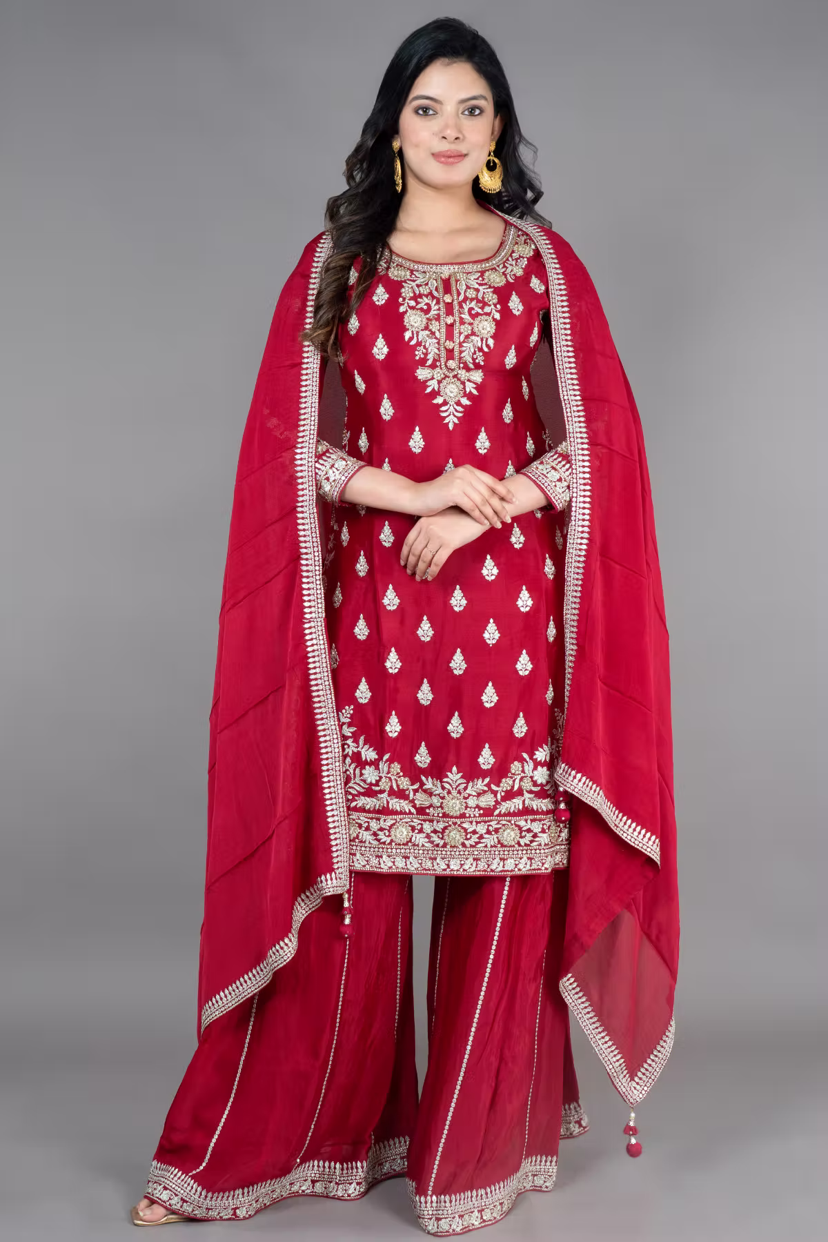 Maroon Straight Suit With Palazzo Pant